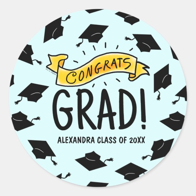 Congrats Grad Gold Banner Celebration Pattern Classic Round Sticker (Front)