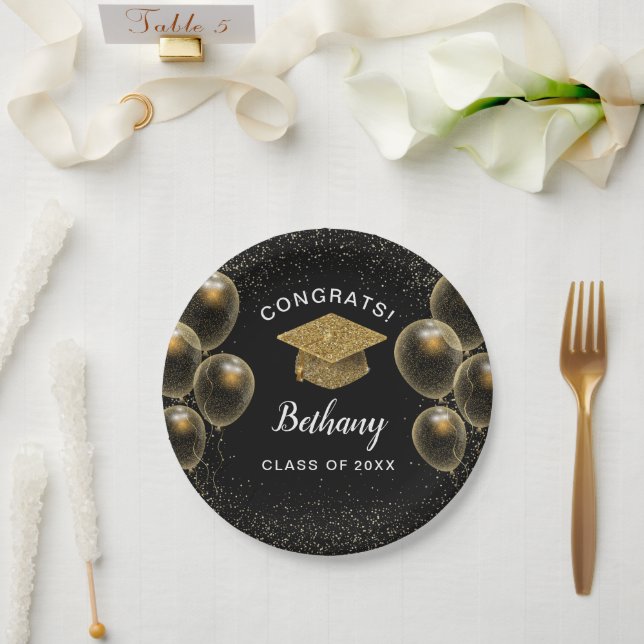 Congrats Grad Gold Confetti Balloons Graduation Paper Plate (Wedding)