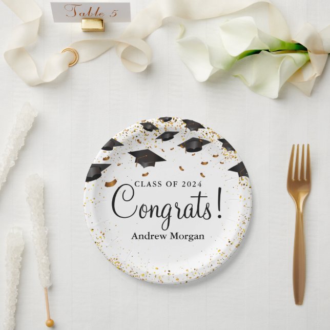 Congrats Grad Gold Confetti Graduation Caps Paper Plate (Wedding)