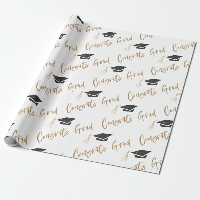 Congrats Grad Gold Foil Graduation Cap and Tassel Wrapping Paper (Unrolled)