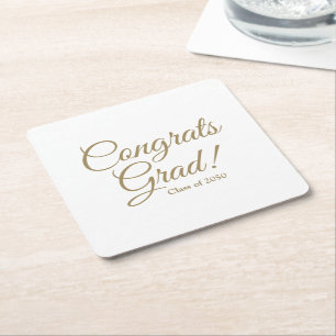 Congrats grad gold script class year elegant square paper coaster