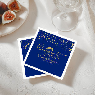 Congrats Grad Gold Script Graduation Blue Napkin