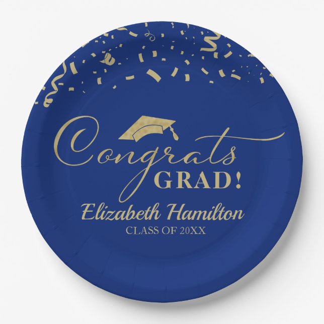 Congrats Grad Gold Script Graduation Party Blue Paper Plate (Front)
