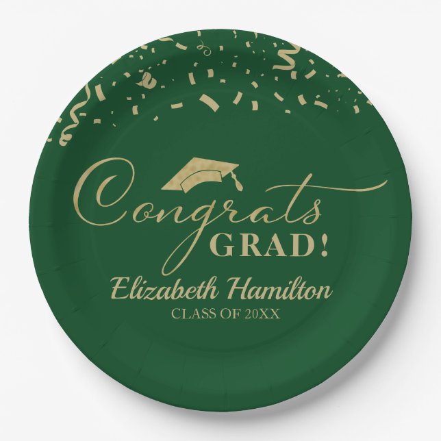 Congrats Grad Gold Script Graduation Party Green  Paper Plate (Front)