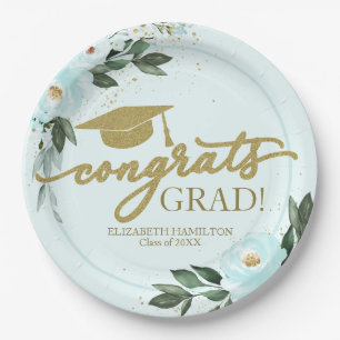 Congrats Grad Gold Teal Floral Graduation Party Paper Plate