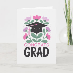 Congrats Grad Graduation Cap Pink Purple Florals Card