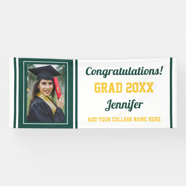Congrats Grad Green Gold White Photo Graduation Banner | Zazzle