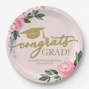 Congrats Grad Hot Pink Floral Graduation Party Paper Plate