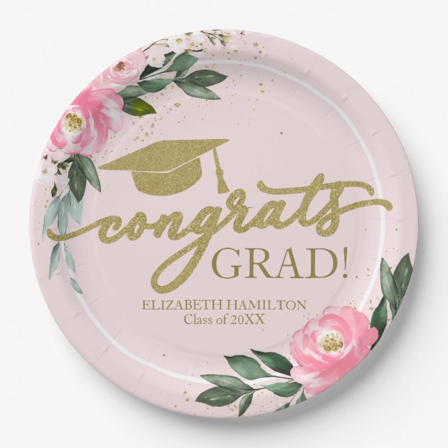 Congrats Grad Hot Pink Floral Graduation Party Paper Plate (Front)