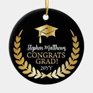 Congrats Grad Laurel Wreath Year Name Black Ceramic Tree Decoration