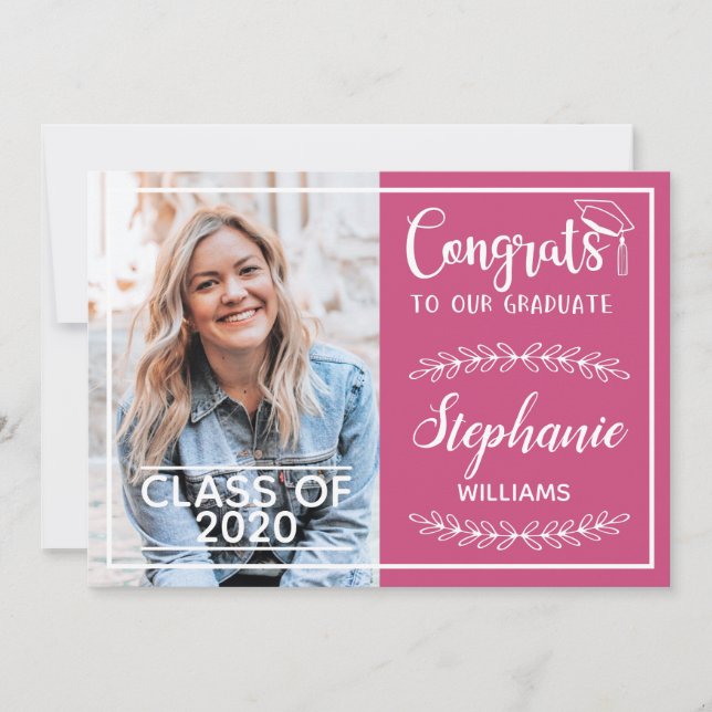 Congrats grad modern pink graduation photo announcement (Front)