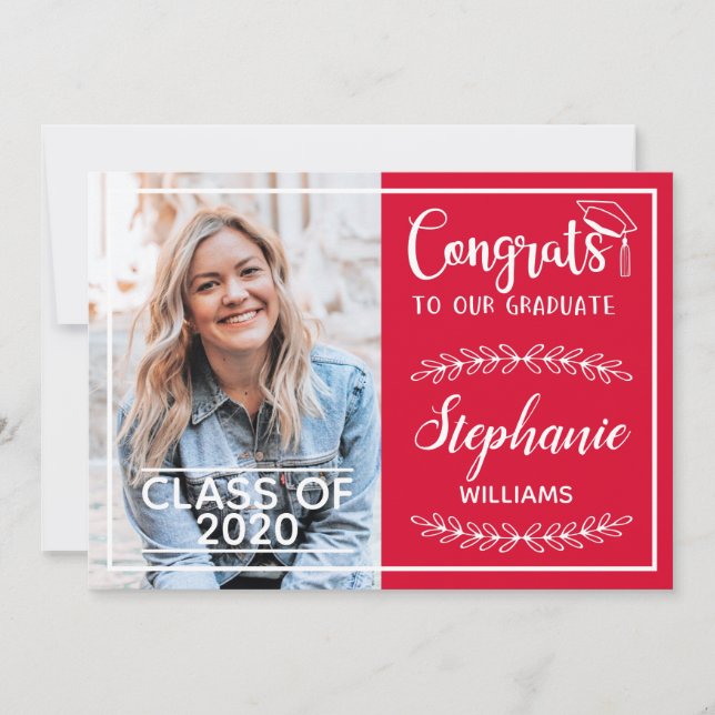 Congrats grad modern red photo graduation announcement (Front)