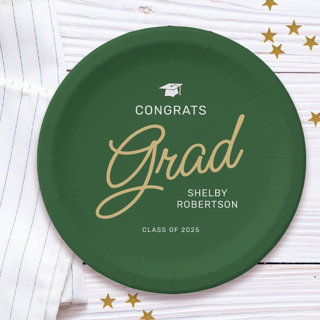 Congrats Grad Modern Script Green Graduation Paper Plate (Creator Uploaded)
