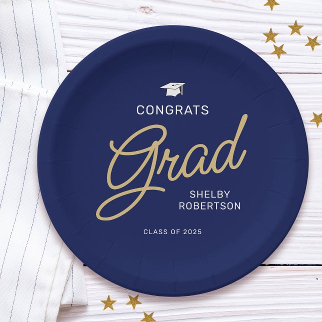 Congrats Grad Modern Script Navy Blue Graduation Paper Plate (Creator Uploaded)