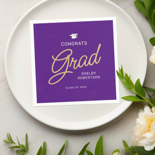 Congrats Grad Modern Script Purple Graduation Napkin (Creator Uploaded)
