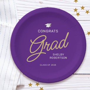 Congrats Grad Modern Script Purple Graduation Paper Plate