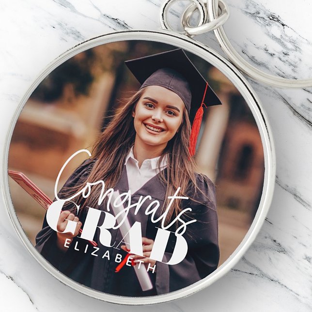 Congrats Grad Modern Simple Script Custom Photo Key Ring (Creator Uploaded)