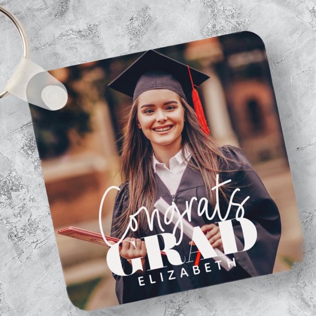 Congrats Grad Modern Simple Script Custom Photo Key Ring (Creator Uploaded)