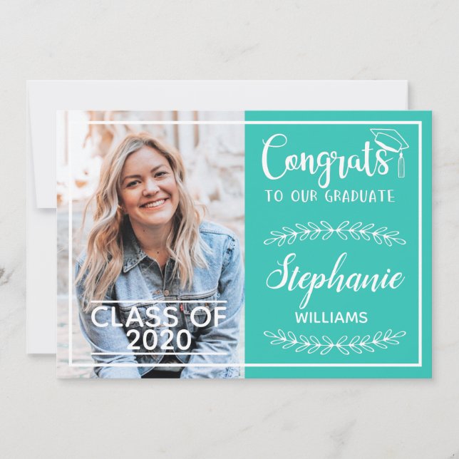 Congrats grad modern turquoise graduation photo announcement (Front)