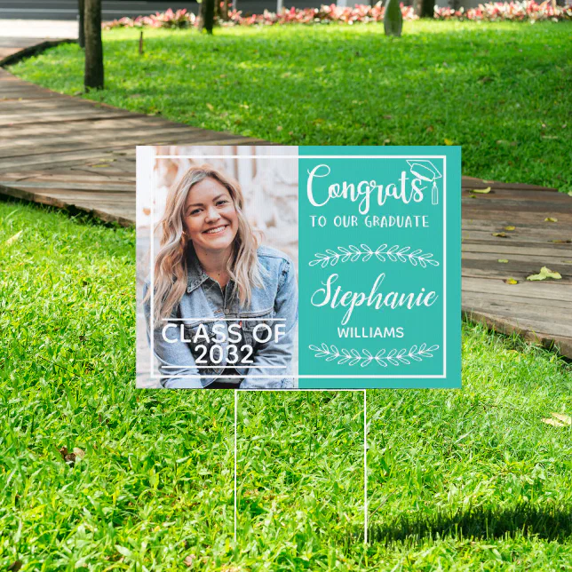 Congrats grad modern with photo turquoise yard garden sign | Zazzle