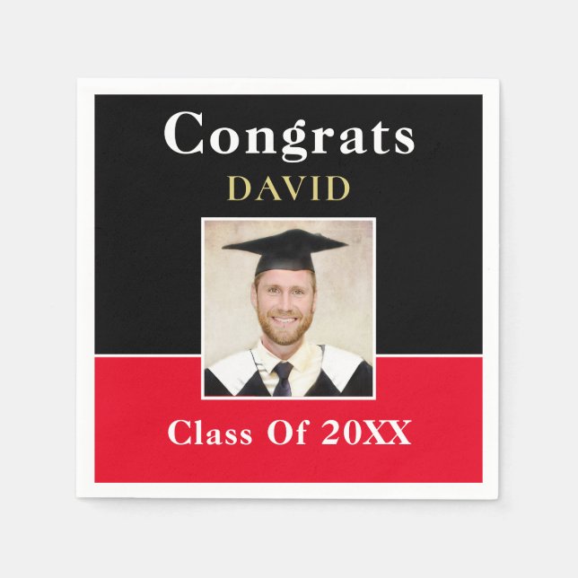 Congrats Grad Name Photo Black Red Gold Informal Napkin (Front)