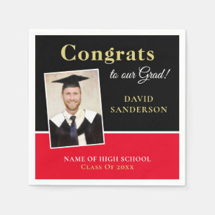 Congrats Grad Name Photo Black Red Gold Napkin