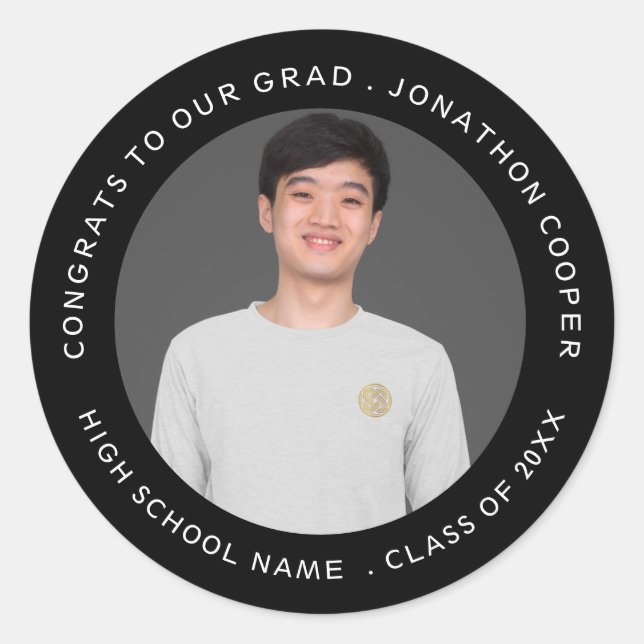 Congrats Grad Name Photo Year Black Graduation Classic Round Sticker (Front)