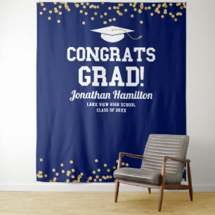 Congrats Grad Navy Blue Grad Party Backdrop Tapestry
