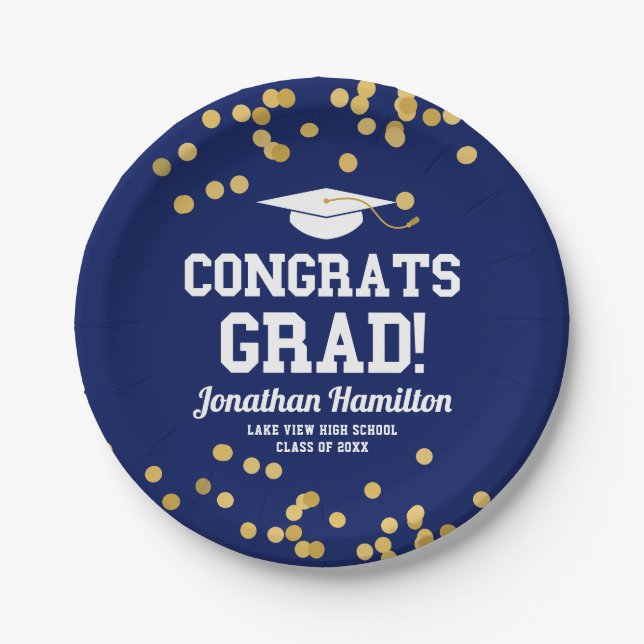 Congrats Grad Navy Blue Grad Party Paper Plate (Front)