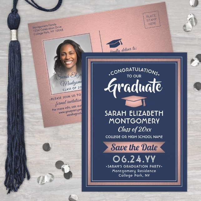 Congrats Grad Navy Blue & Pink Save the Date Photo Announcement Postcard (Creator Uploaded)