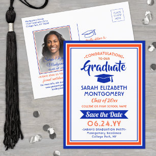 Congrats Grad Orange and Blue Save the Date Photo Announcement Postcard