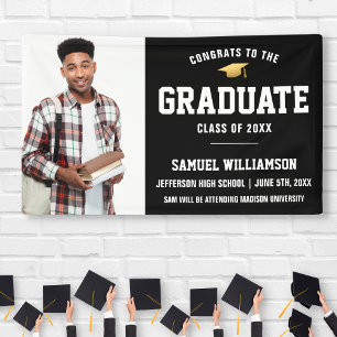 Congrats Grad Photo Black Gold Graduation Party Banner