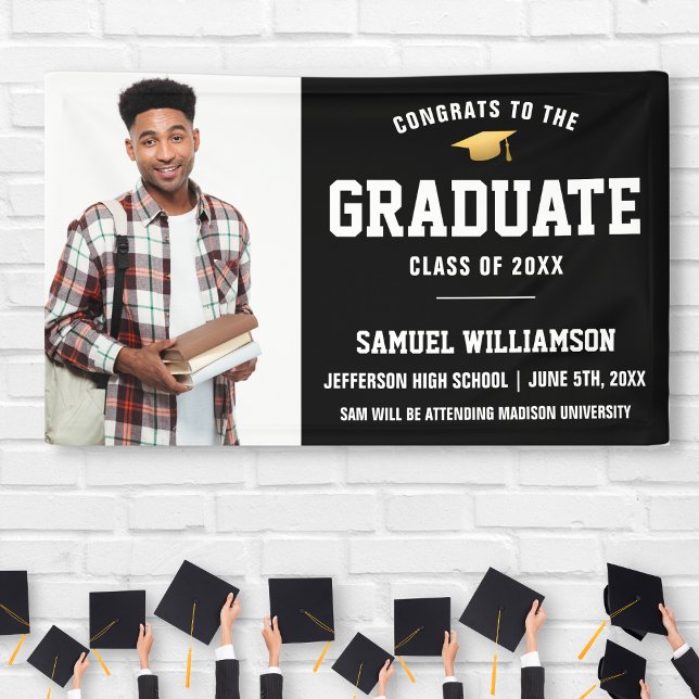 Congrats Grad Photo Black Gold Graduation Party Banner (Creator Uploaded)