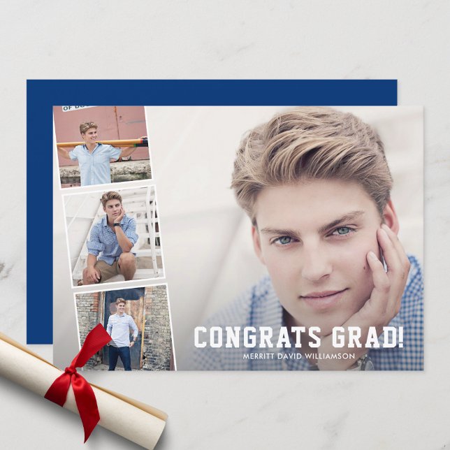 Congrats Grad, Photo Collage Blue Graduation Party Announcement (Creator Uploaded)