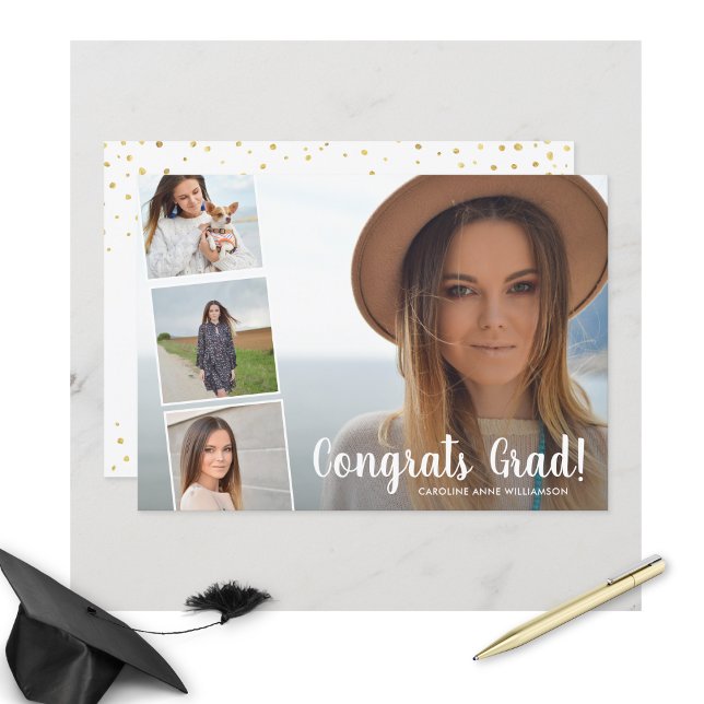 Congrats Grad, Photo Collage Gold Graduation Party Announcement (Creator Uploaded)