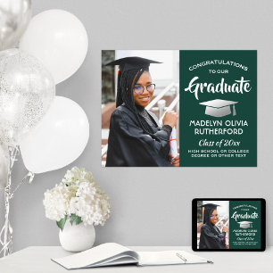 Congrats Grad Photo Dark Green & White Graduation Poster