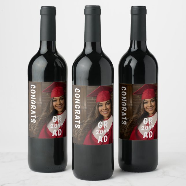 Congrats Grad Photo Date Graduation Modern Script Wine Label (Bottles)