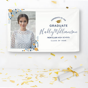Congrats Grad Photo Flowers Navy Gold Graduation Banner