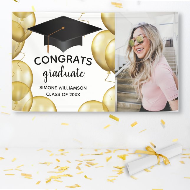 Congrats Grad Photo Gold Balloon Custom Graduation Banner (Creator Uploaded)