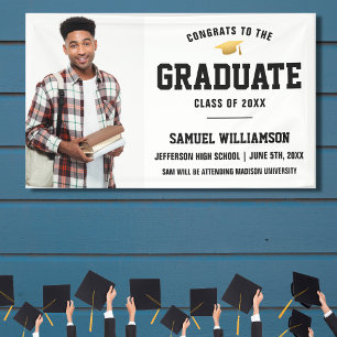 Congrats Grad Photo Gold Cap Graduation Party Banner