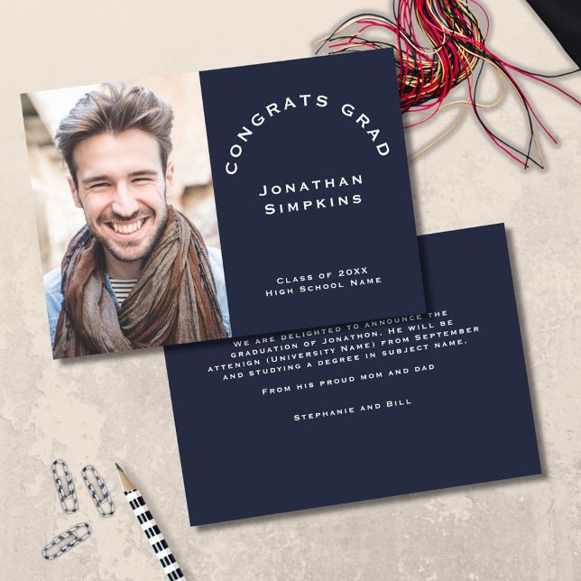 Congrats Grad Photo Male Navy Announcement (front and back view)