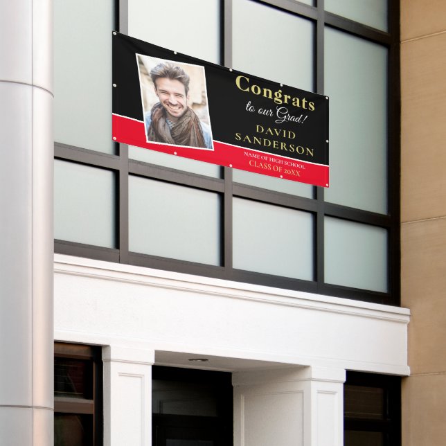 Congrats Grad Photo Name Gold White Black Red Banner (Outside Building)