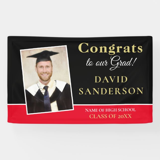 Congrats Grad Photo Name Gold White Black Red Banner (Horizontal)