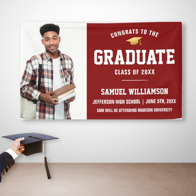Congrats Grad Photo Red Gold Graduation Party Banner (Creator Uploaded)