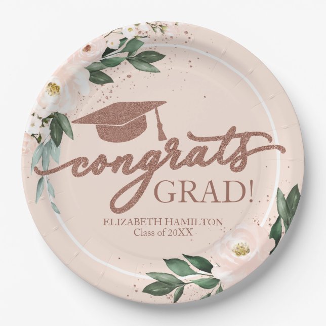 Congrats Grad Pink Blush Floral Graduation Party Paper Plate (Front)