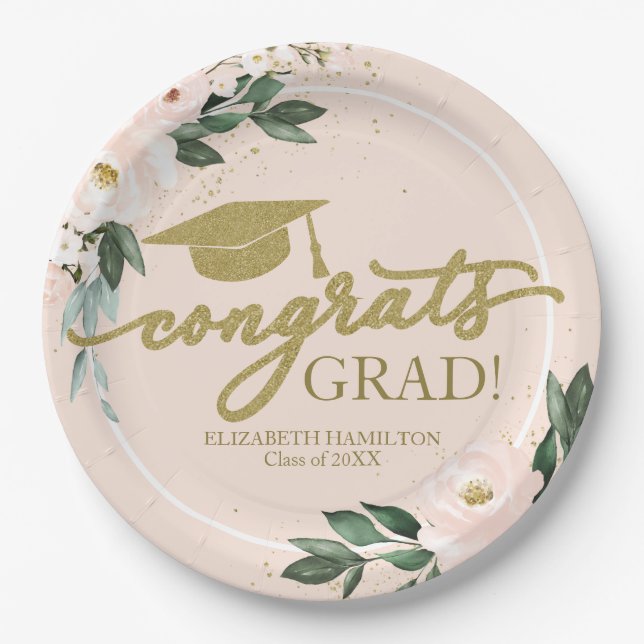 Congrats Grad Pink Blush Floral Graduation Party Paper Plate (Front)