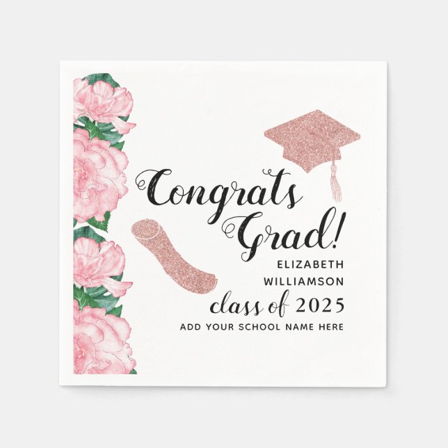 Congrats Grad Pink Flowers Class 2025 Graduation Napkin (Front)