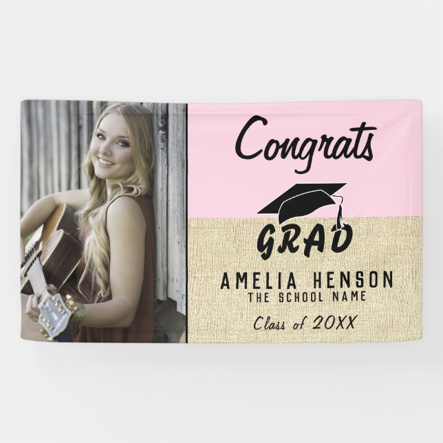 Congrats Grad Pink Rustic Photo Graduation Party Banner (Horizontal)