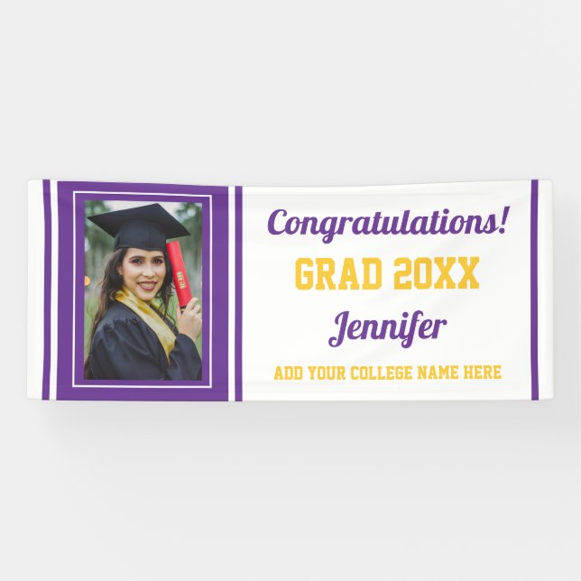 Congrats Grad  Purple Gold White Photo Graduation Banner (Horizontal)