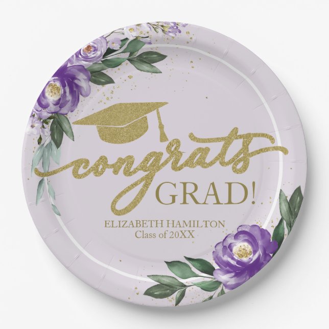 Congrats Grad Purple Lavender Floral Grad Party  Paper Plate (Front)